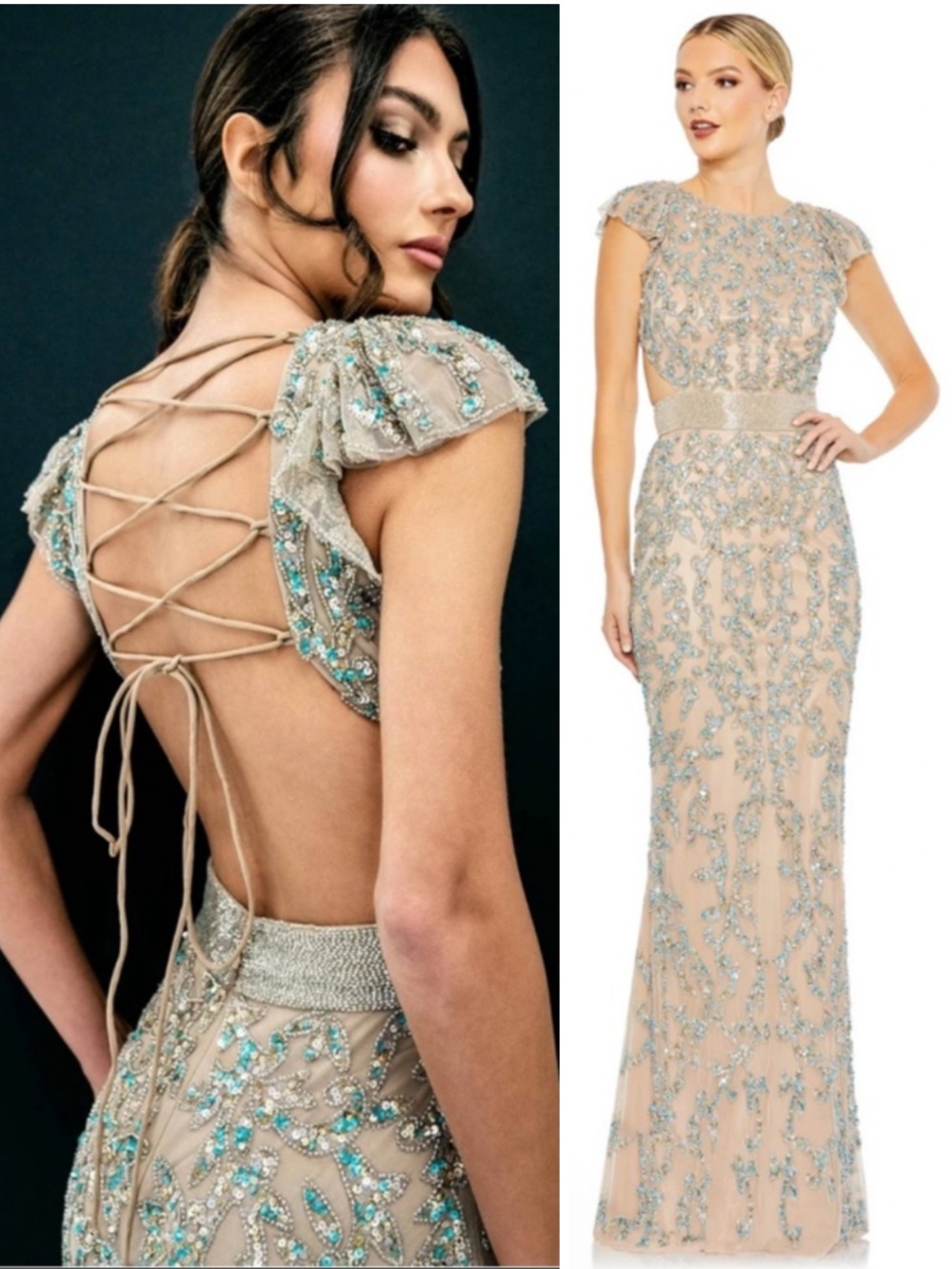 Mac Duggal Beige Damask Sequin Embellished Open Back Lace Up Cap Sleeve Gown